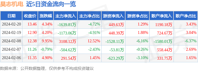 股票行情快报：昊志机电（300503）2月20日主力资金净卖出163981万元(图1)